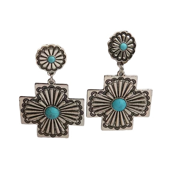 Silver Plated Native American Style Silver and Turquoise Drop Earrings - Picture 2 of 6